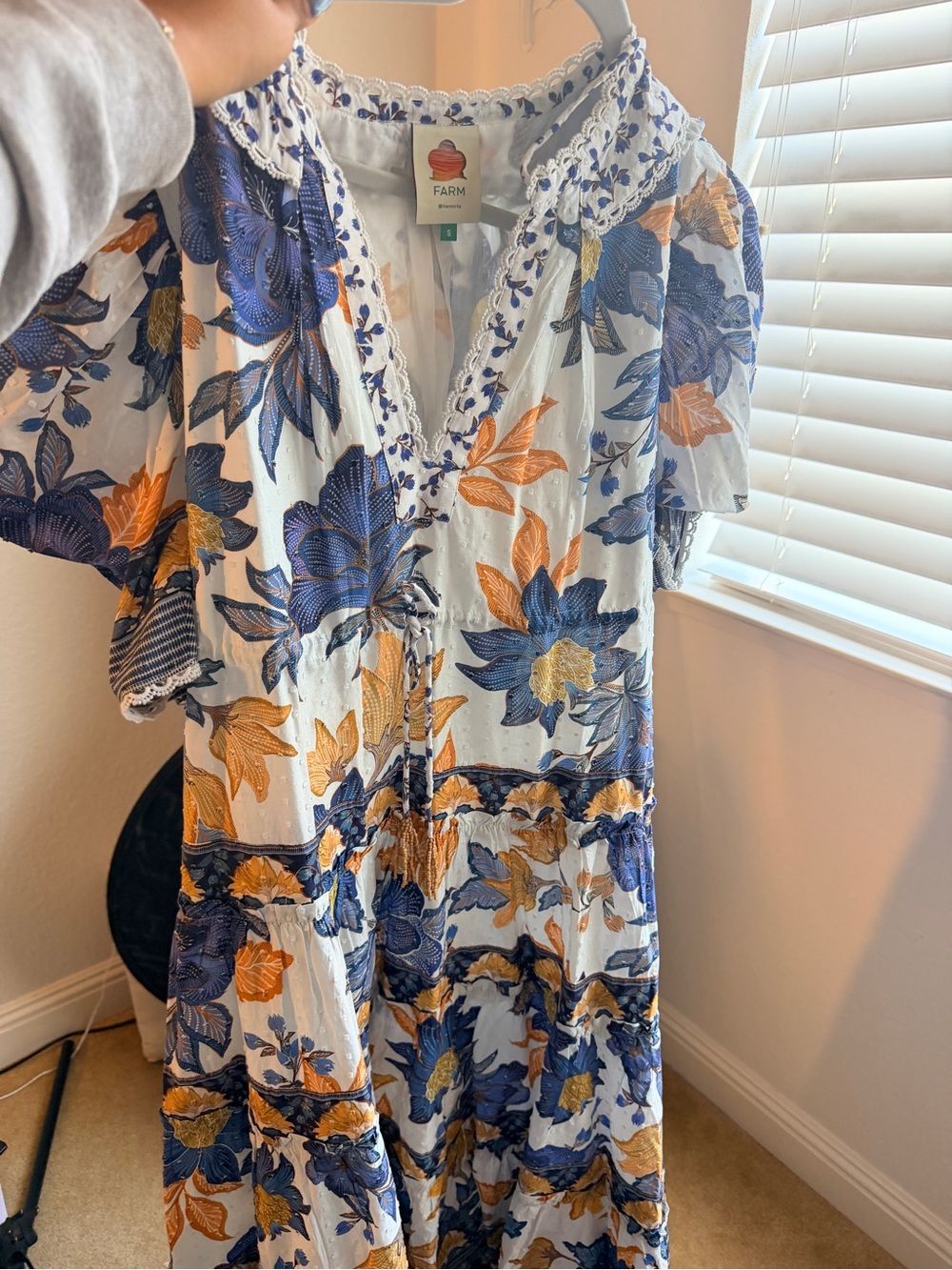 FARM Rio White Dress with Blue & Gold Floral Print